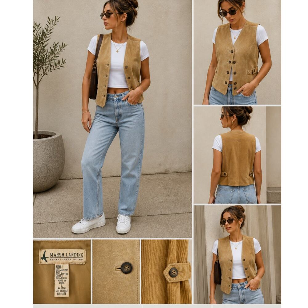 Vintage Marsh Landing Leather Corduroy Vest Tan Button Up Boho L